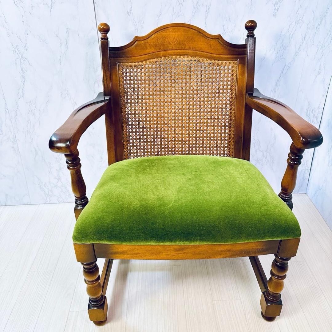 美品 オールド カリモク アンティーク ラタンチェア モケットグリーン 希少