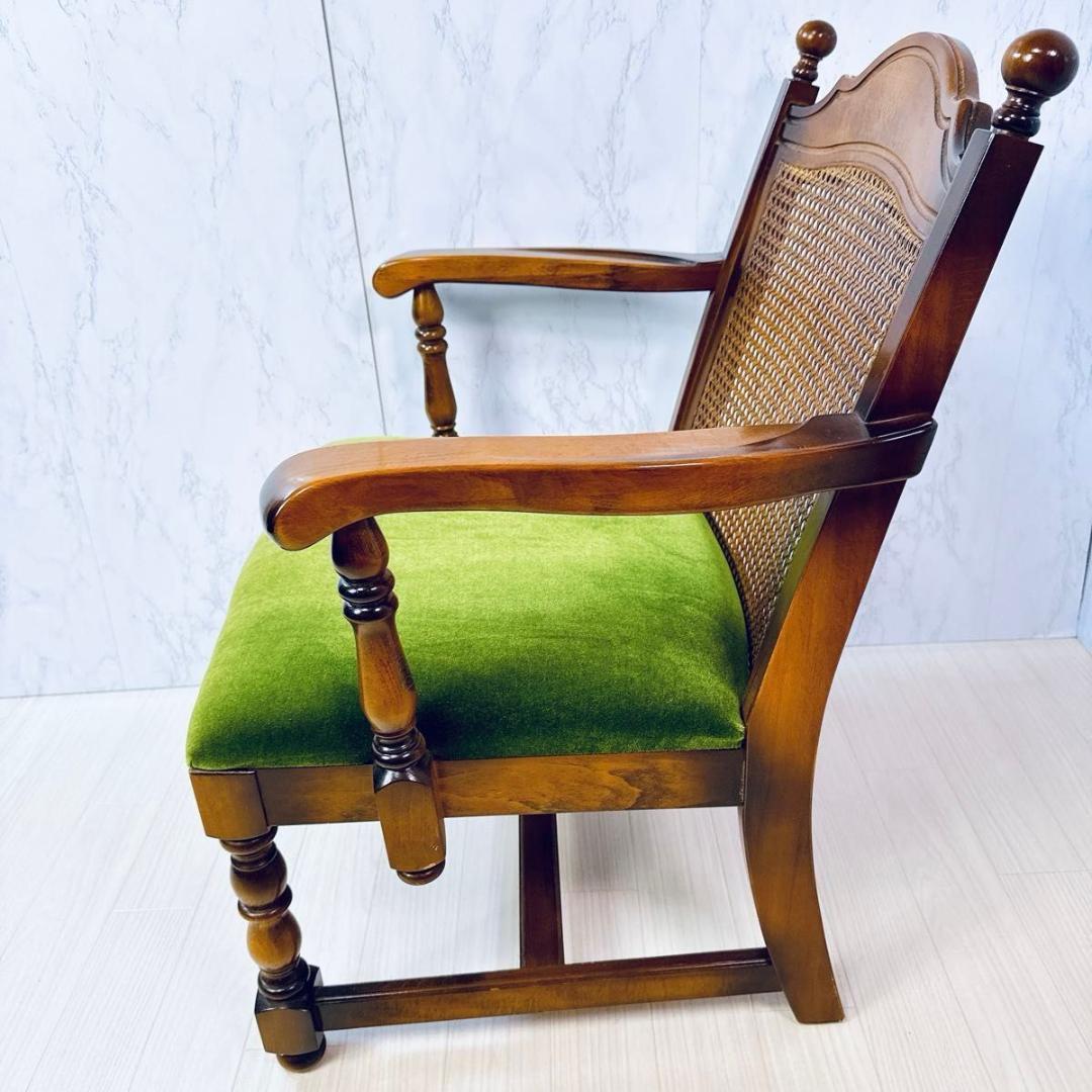 美品 オールド カリモク アンティーク ラタンチェア モケットグリーン 希少