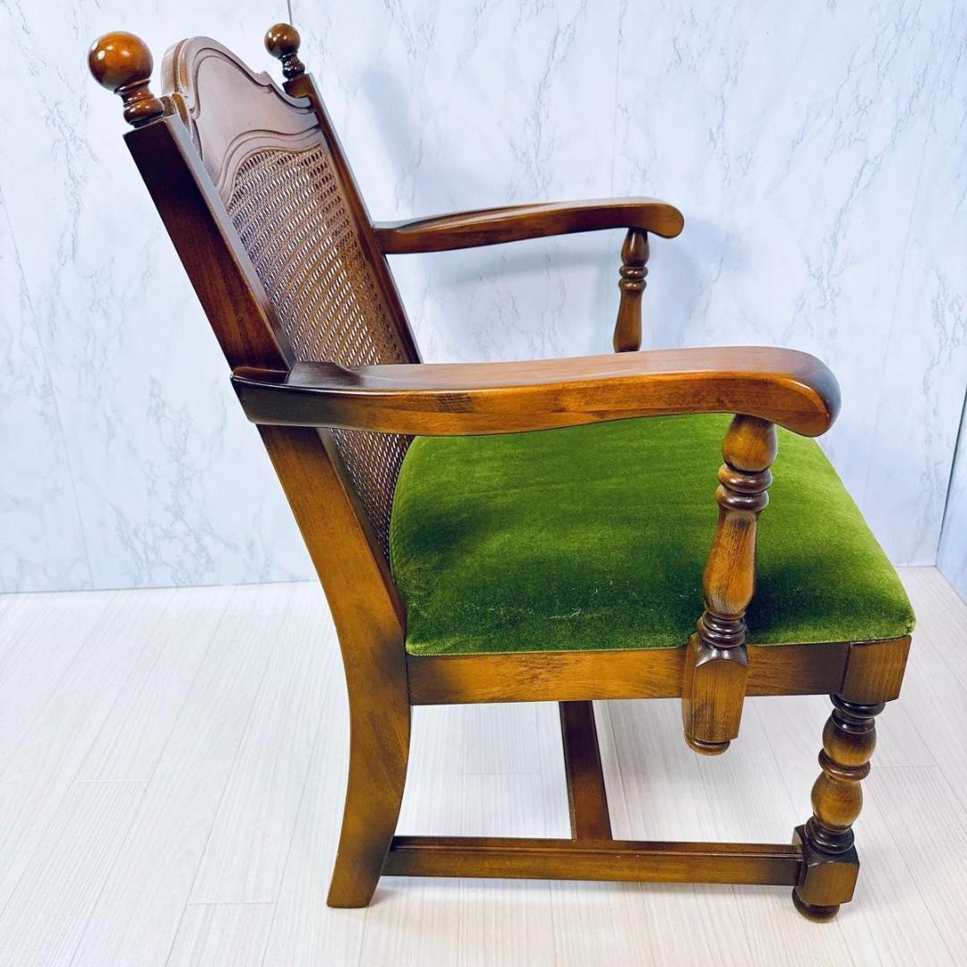 美品 オールド カリモク アンティーク ラタンチェア モケットグリーン 希少