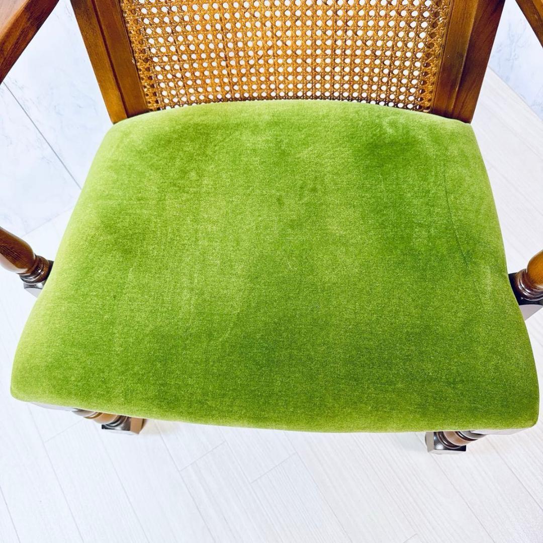 美品 オールド カリモク アンティーク ラタンチェア モケットグリーン 希少
