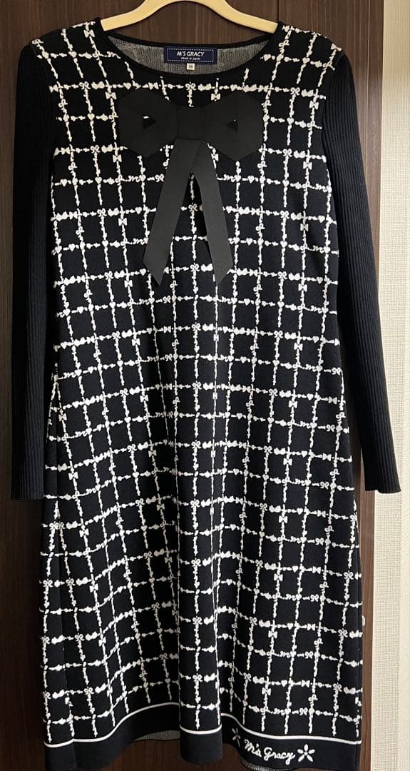 リボン付きチェック柄ニットワンピース 38