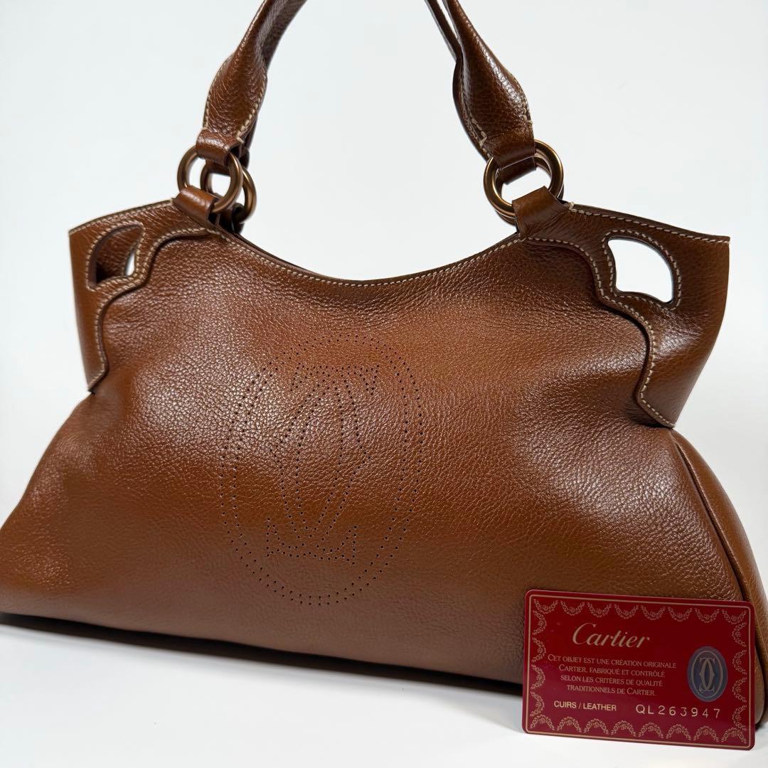 【未使用に近い】カルティエ　ハンドバッグ　マルチェロ　レザー　シボ革　ブラウン