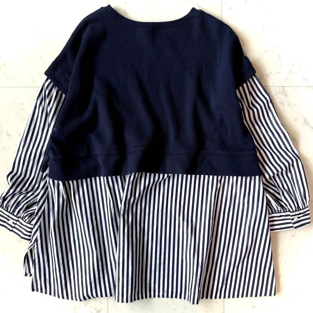 美品 レリアン 大きいサイズ17＋ ドッキングカットソー×ストライプシャツ 紺