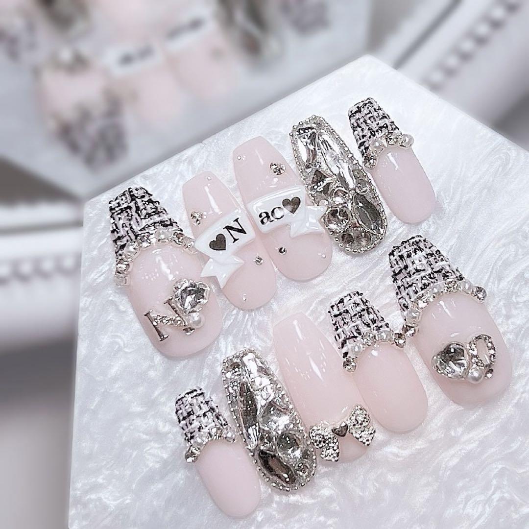 お急ぎ便C♥ ネイルチップ 量産型 ツイード フレンチ ハート リボン 3D 黒