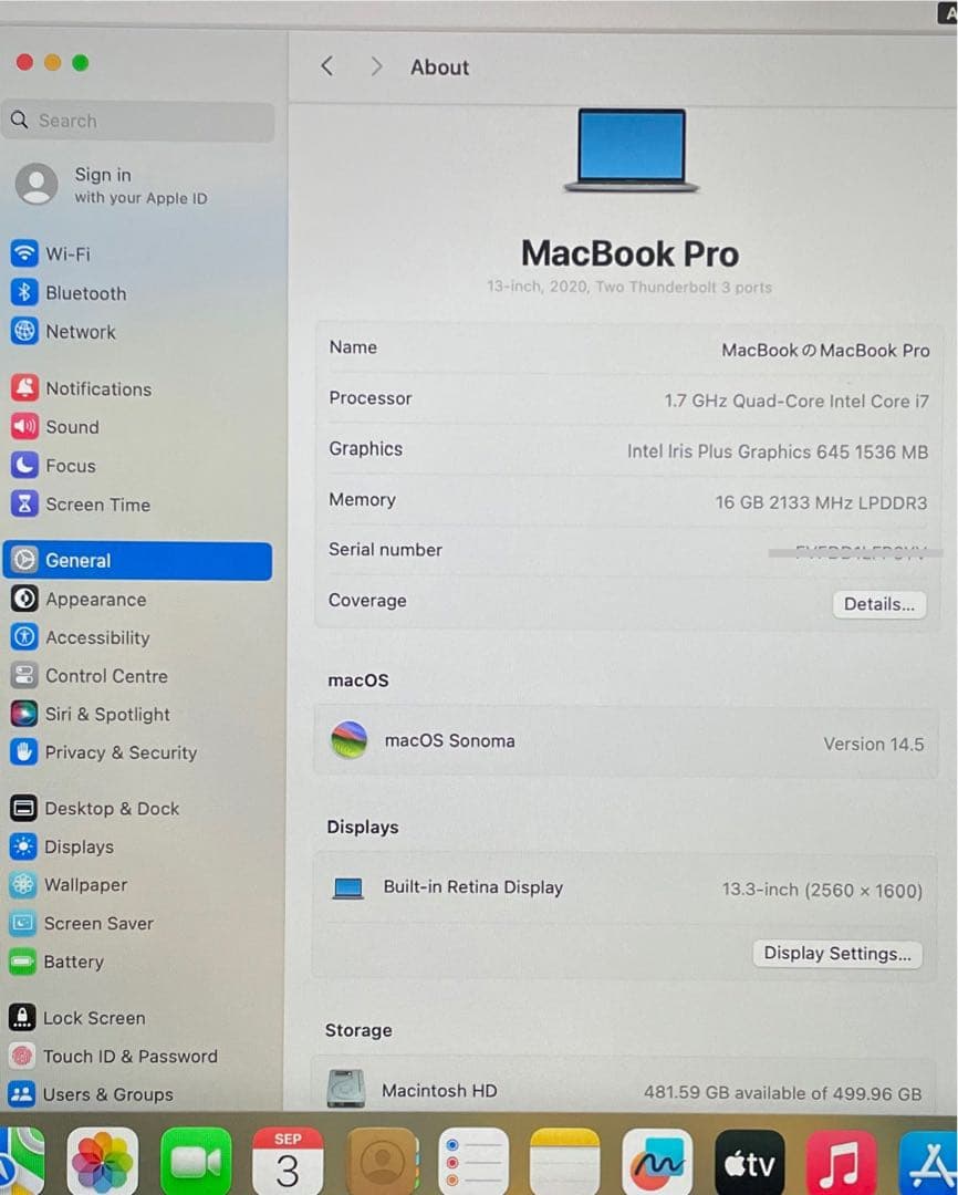 『美品』 MacBook Pro 2020 i7チップ充電回数37回容量 99%