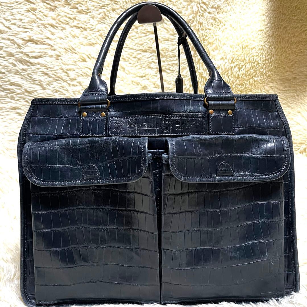 ま*君様 希少✨フェリージ トートバッグ レザー クロコ型押し チャーム付 紺色