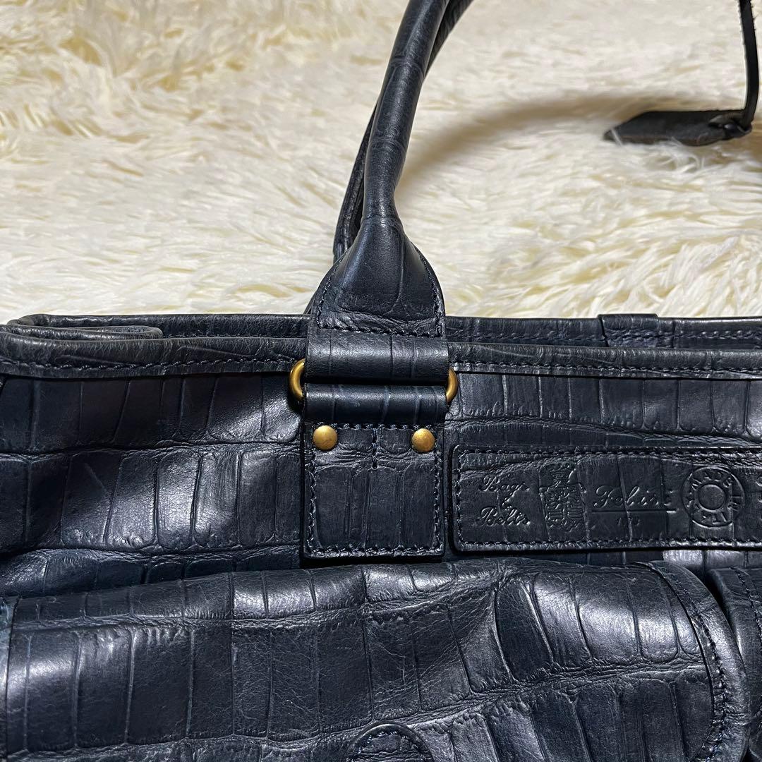 ま*君様 希少✨フェリージ トートバッグ レザー クロコ型押し チャーム付 紺色