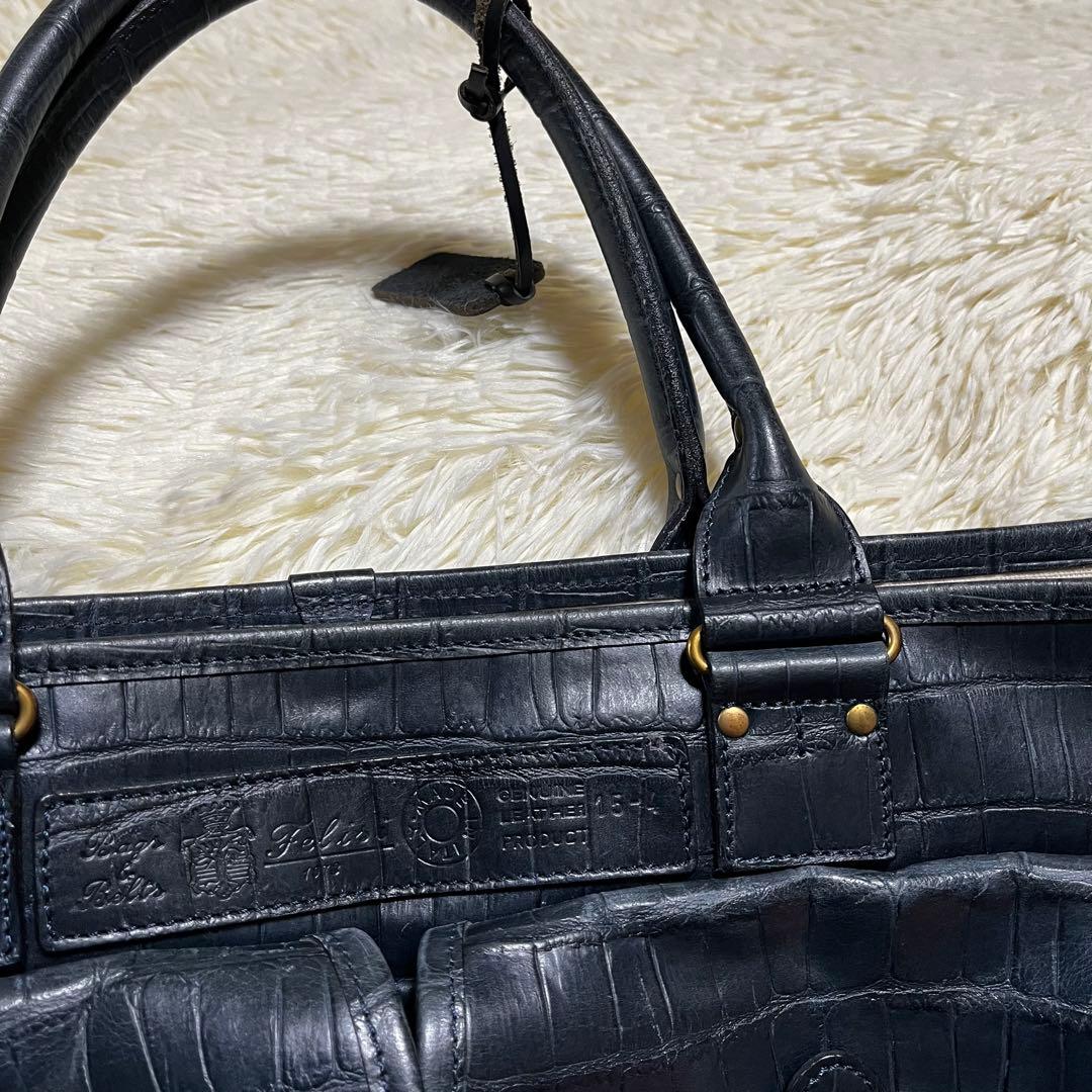 ま*君様 希少✨フェリージ トートバッグ レザー クロコ型押し チャーム付 紺色