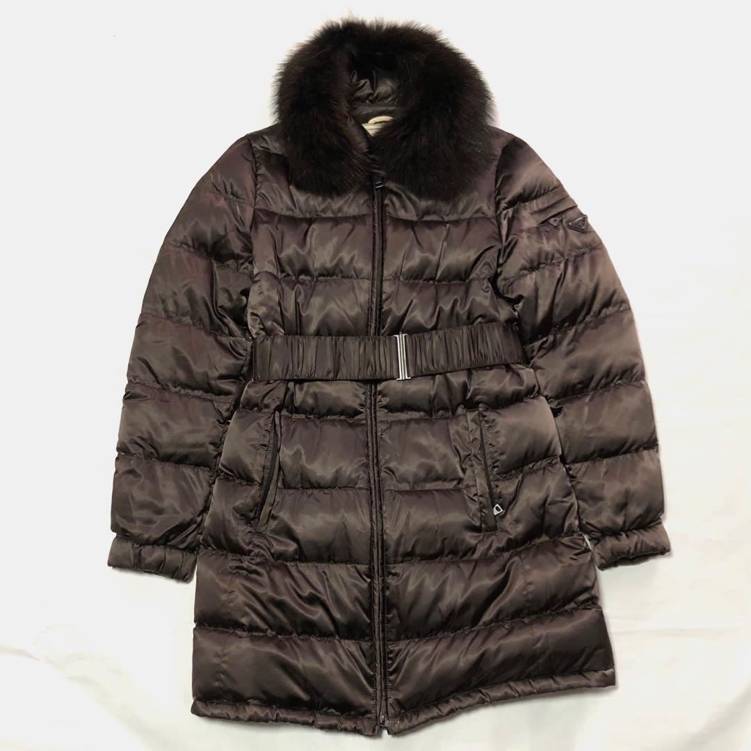 PRADA プラダ ダウンジャケット ファー プレート ブラウン ロング