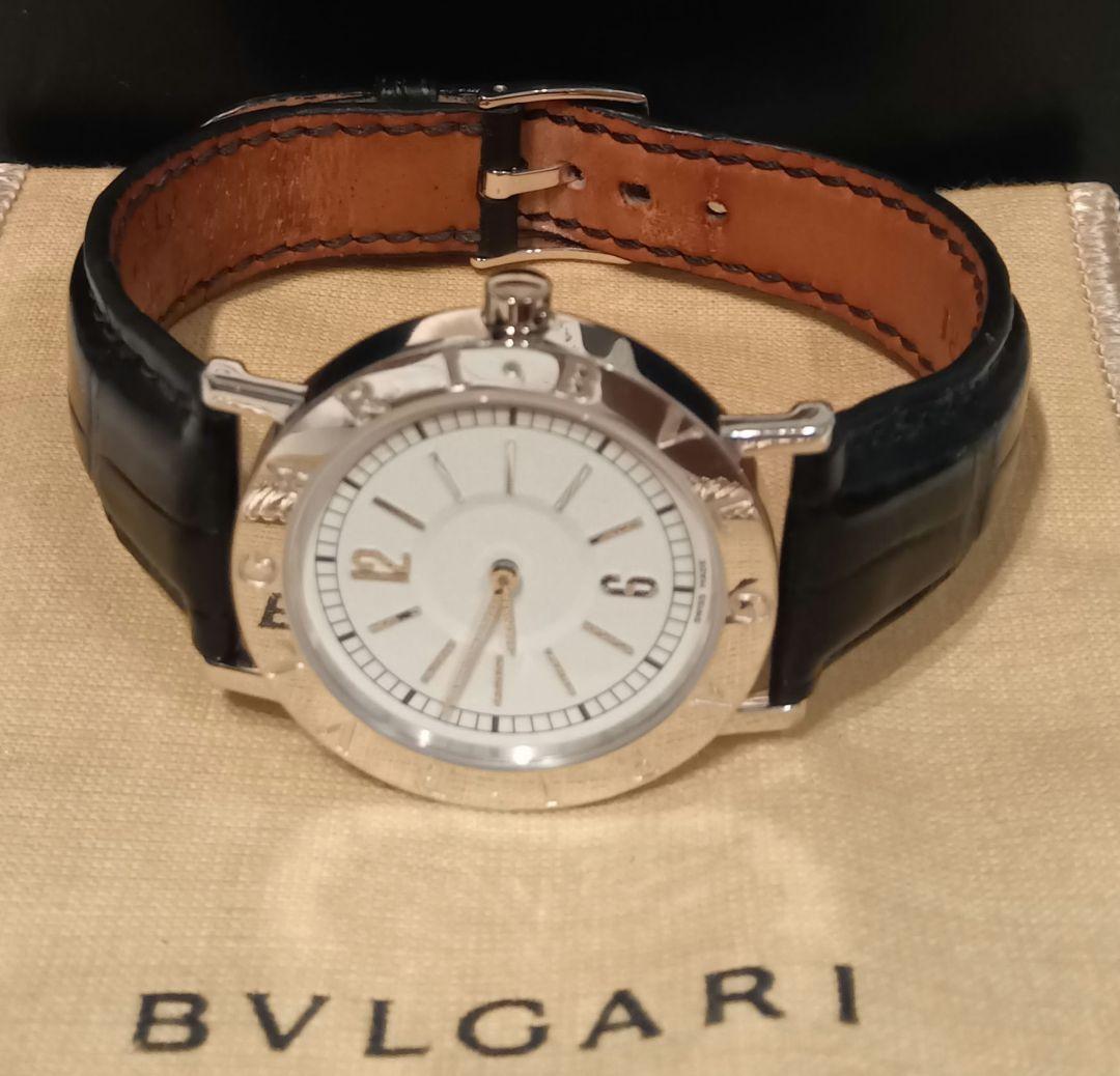 【美品】BVLGARI 18Kホワイトゴールド　黒本革ベルト腕時計　気品