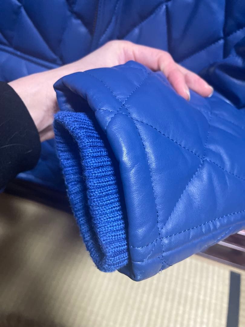 ゆうぽむぷりん高級本革 羊革 青　レザー キルティング ダイヤ ジャケット