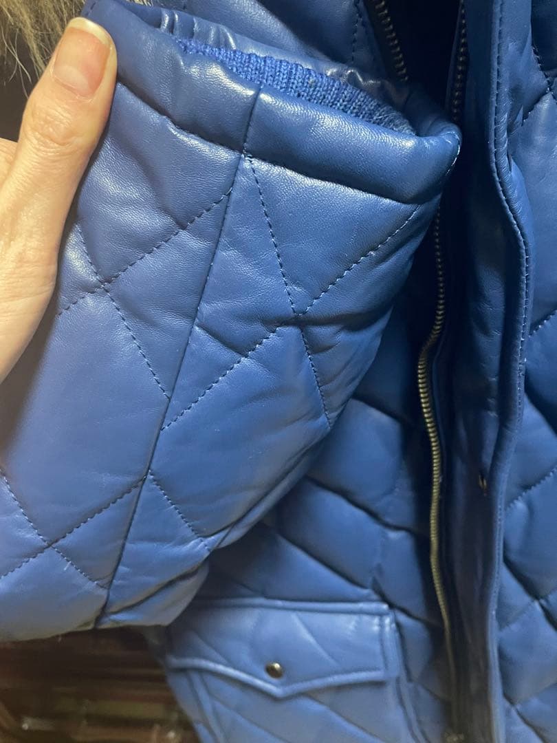 ゆうぽむぷりん高級本革 羊革 青　レザー キルティング ダイヤ ジャケット