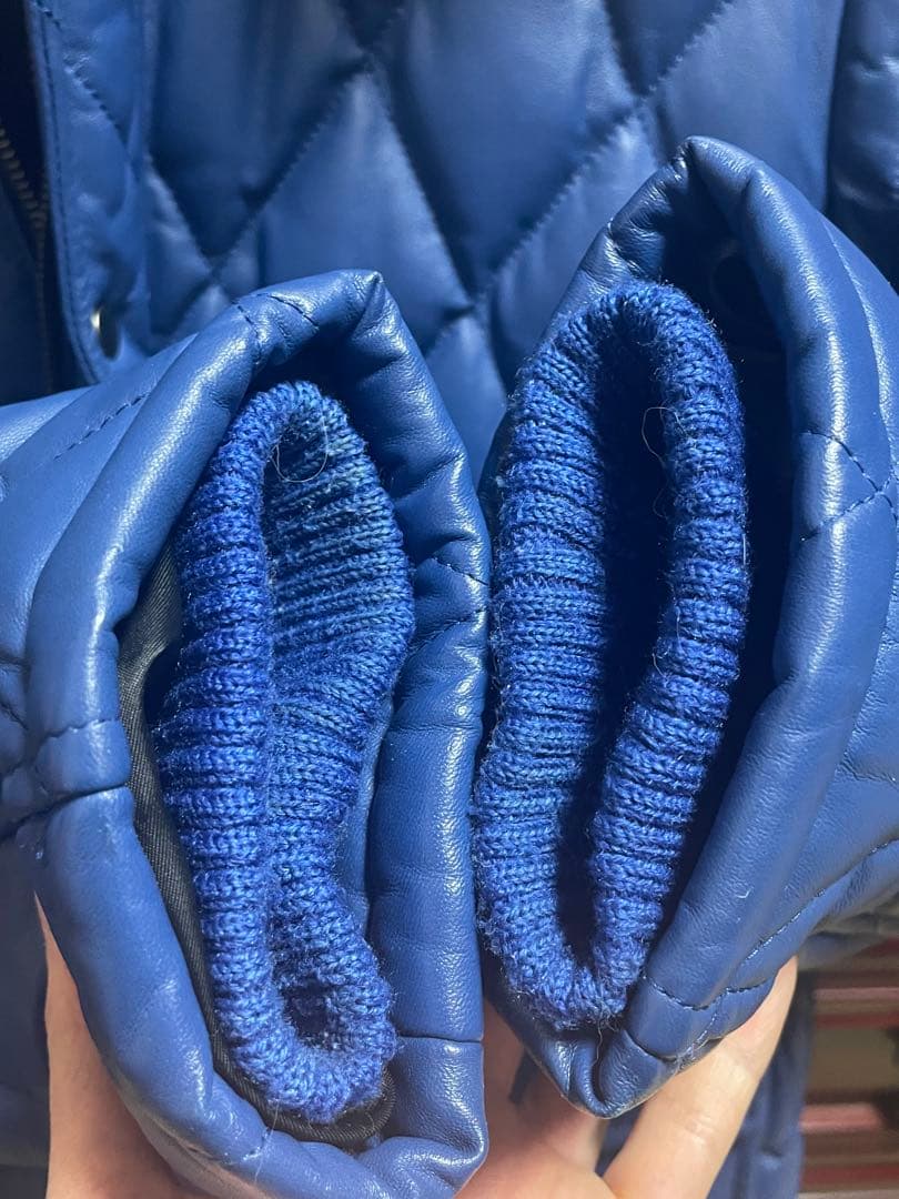 ゆうぽむぷりん高級本革 羊革 青　レザー キルティング ダイヤ ジャケット