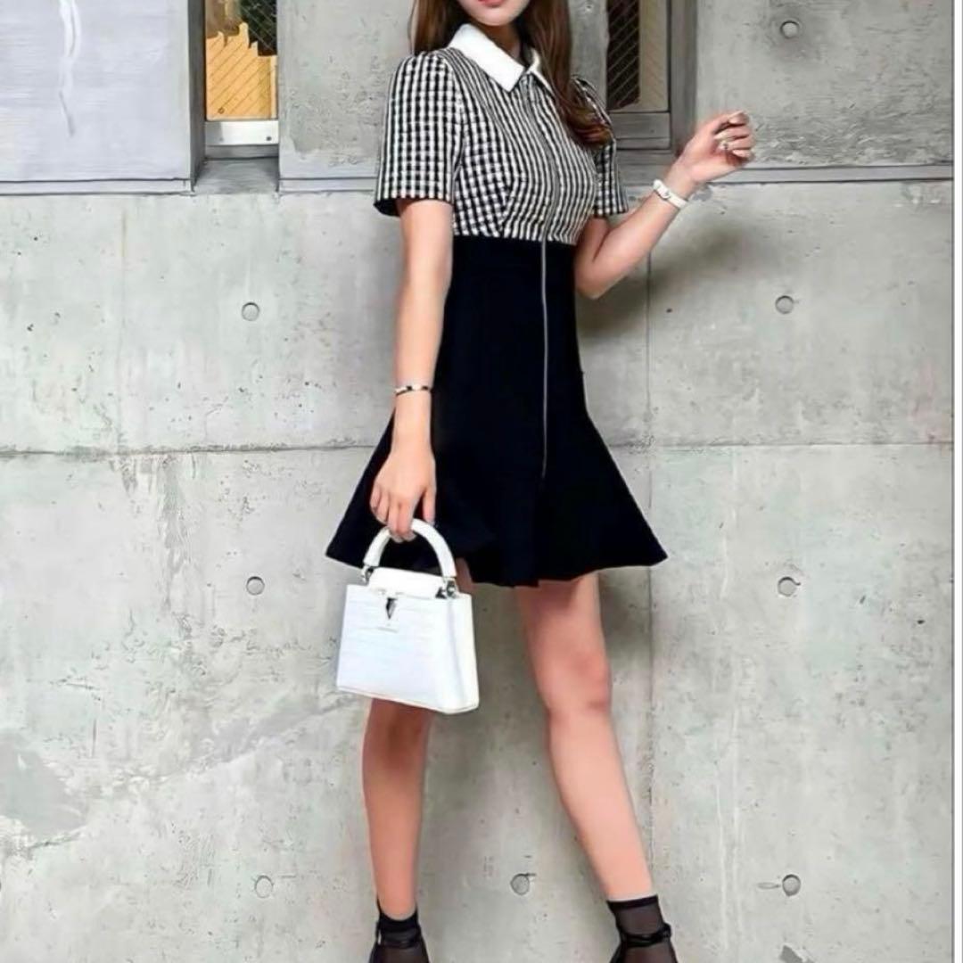 sheller シェリエ　フロントZIPチェックツイードドレス　ミニワンピース