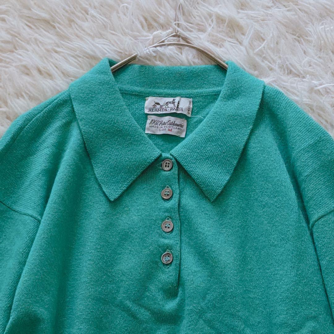 HERMÈS エルメス ピュアカシミヤ100％ ポロニット 襟付き Mサイズ 緑