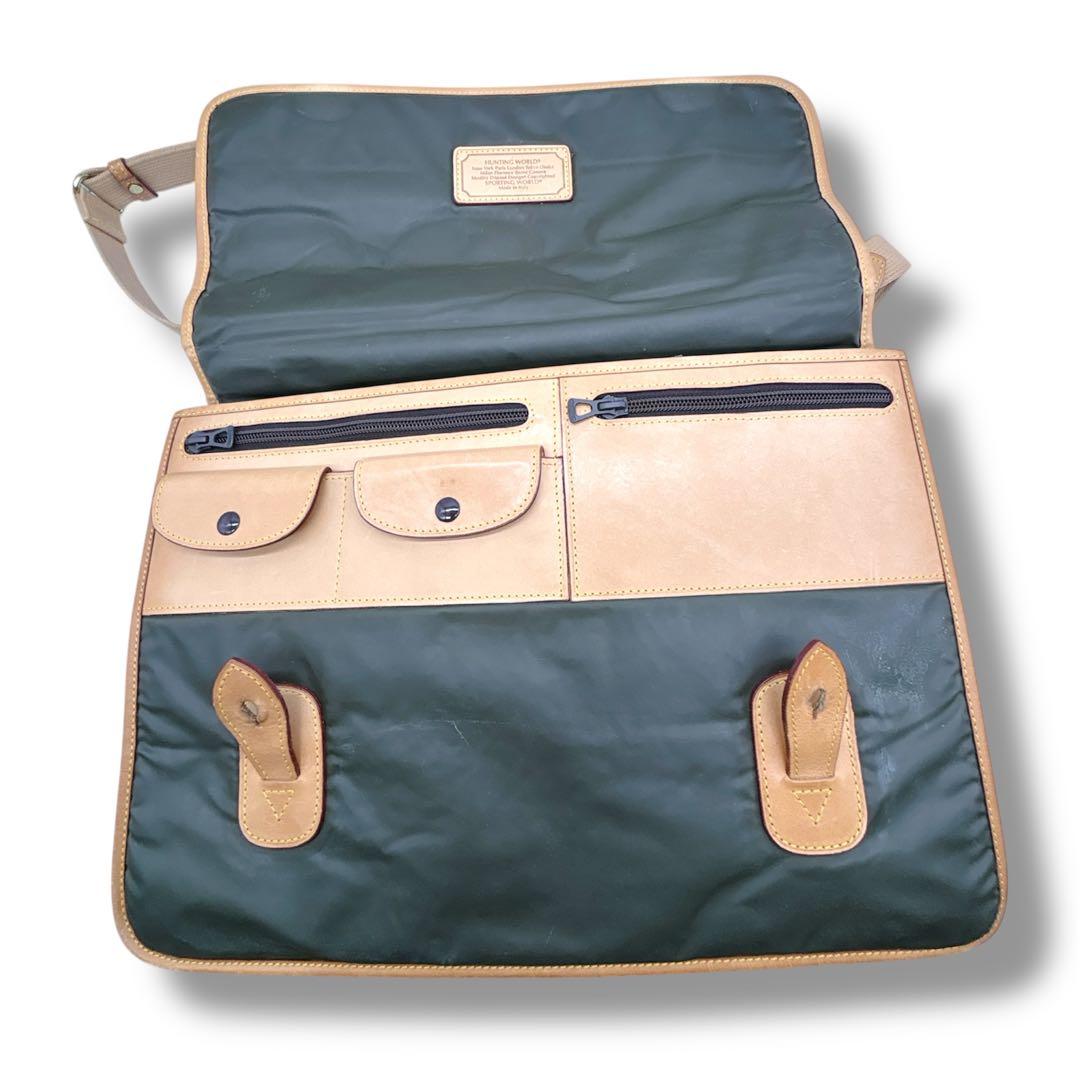 美品 ハンティングワールド バチュークロス×レザーメッセンジャーバッグ ハンド