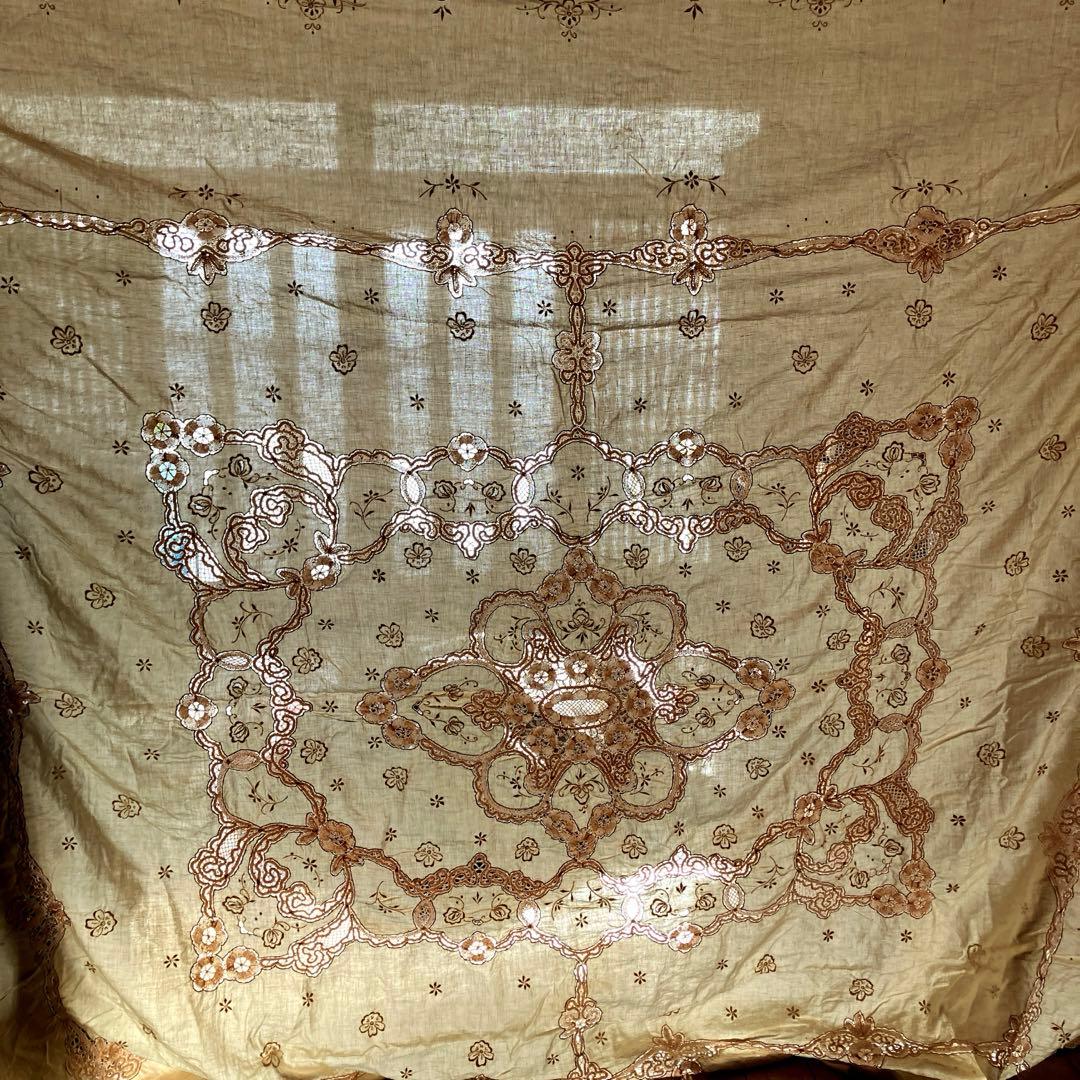 アンティーク　ヴィンテージ　ベージュ　レース (ベッドカバーレース) 綿
