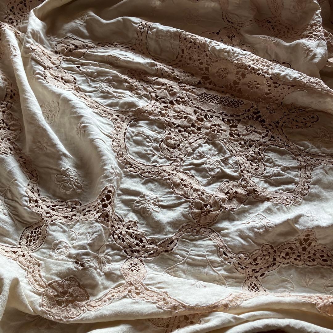 アンティーク　ヴィンテージ　ベージュ　レース (ベッドカバーレース) 綿