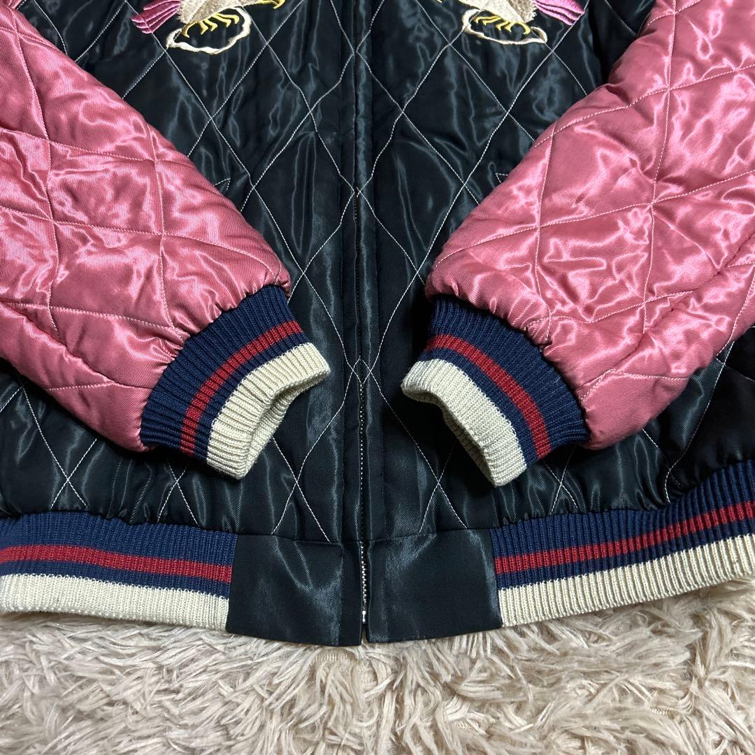 テーラー東洋スカジャンLブラックxピンク虎xドラゴンx鷹ロカビリー キルティング