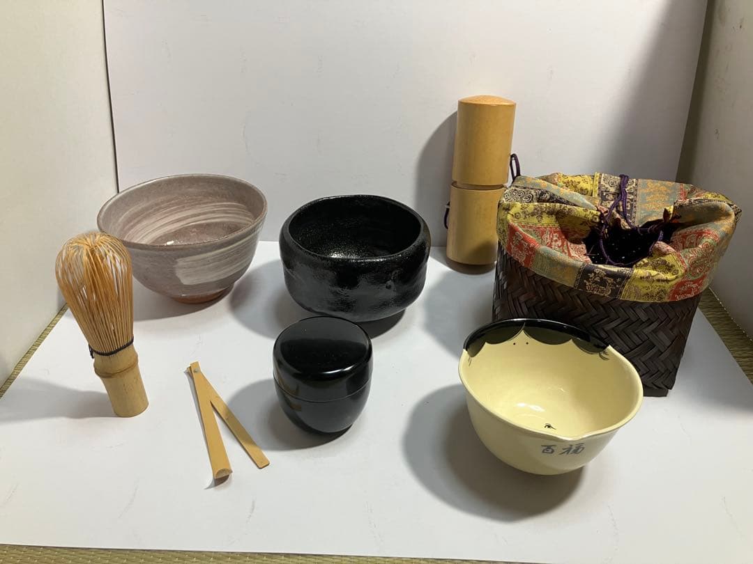 抹茶野点籠セット茶碗3個茶筅入り