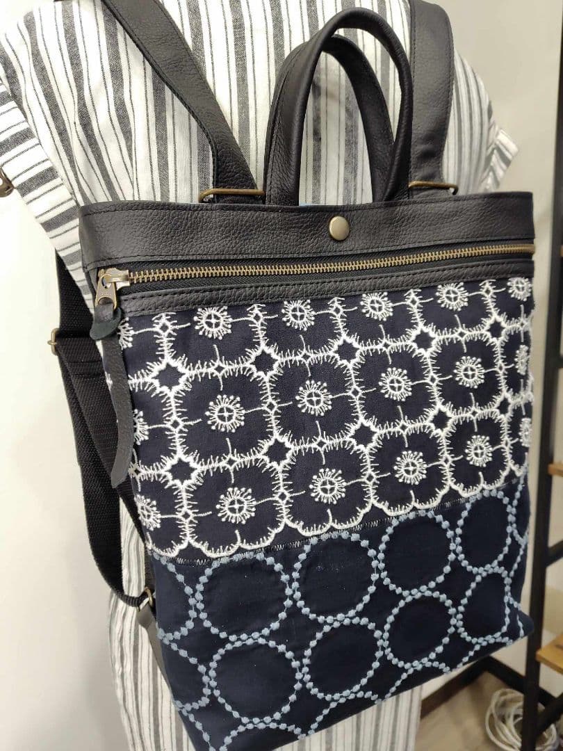 【1点物】ミナペルホネン/タンバリン×アネモネネイビー/A４サイズトートリュック