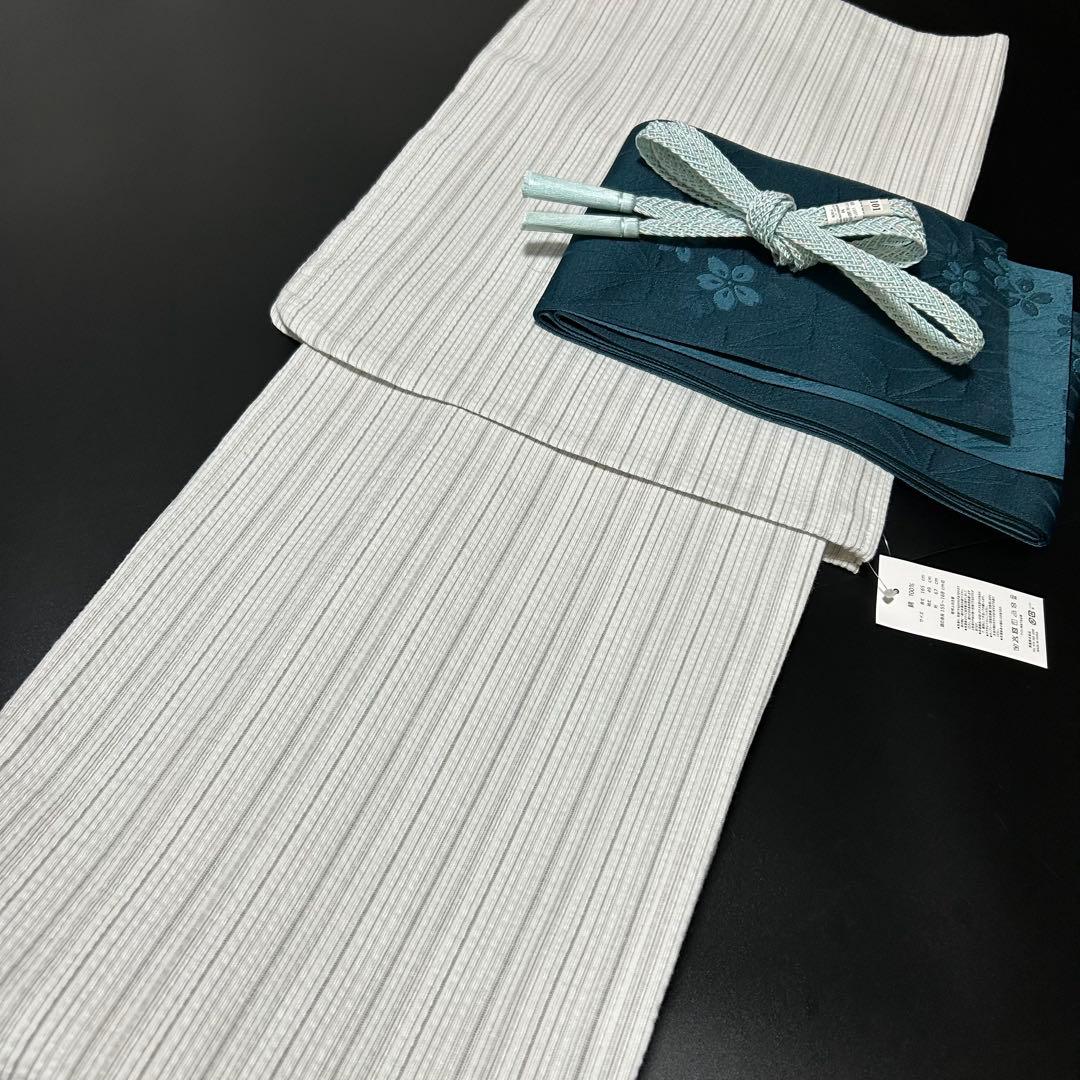 古典しじら織　浴衣　綿　粋な夏着物　縞柄　半幅帯　藍緑　帯締め　3点　0716⑪