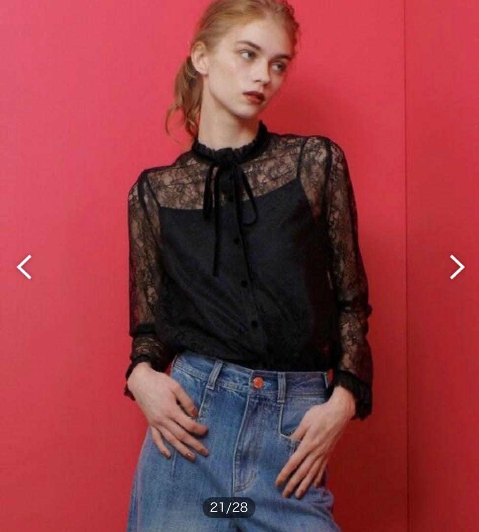 LOULOU WILLOUGHBY レースベロアリボンブラウス ブラック M