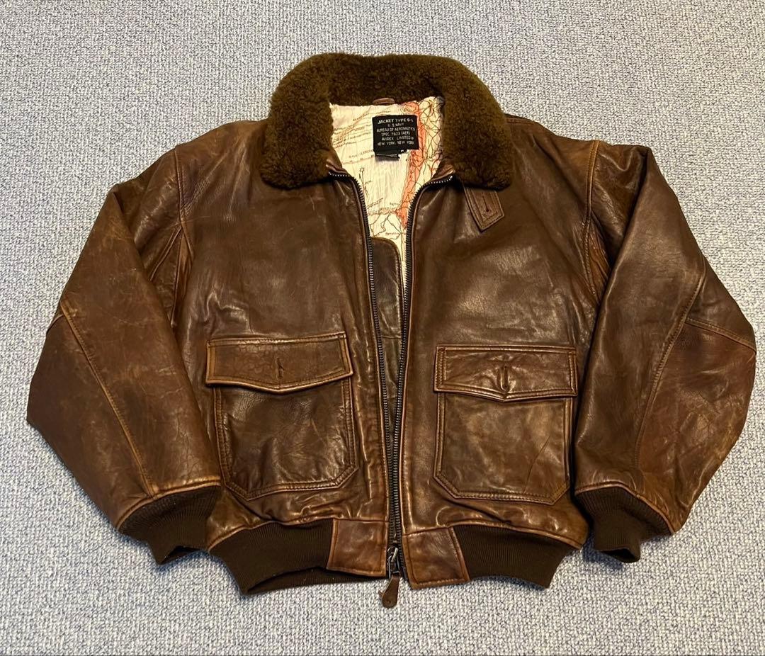 AVIREX レザー フライトジャケット G-1 裏総柄地図 襟•袖口•裾ボア