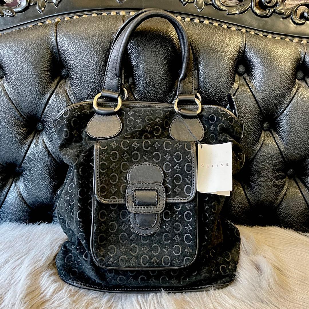 【美品】C E L I N E スエード ハンドバック マカダム柄 ブラック