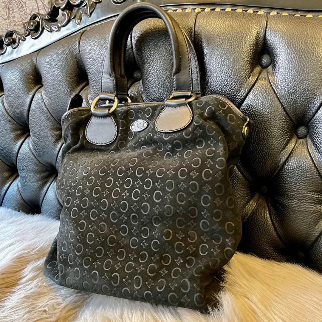 【美品】C E L I N E スエード ハンドバック マカダム柄 ブラック