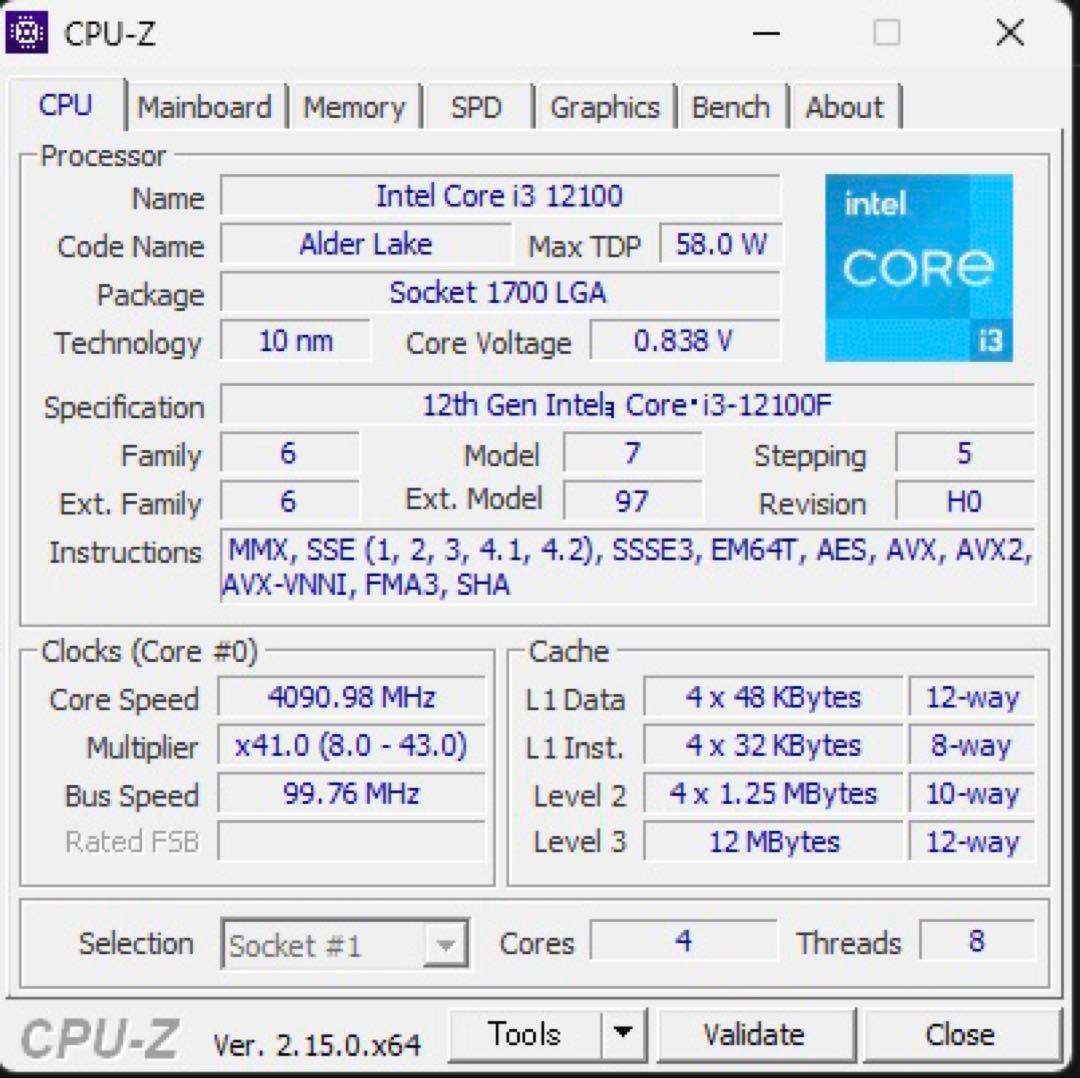 Intel Core i3-12100F 動作確認済