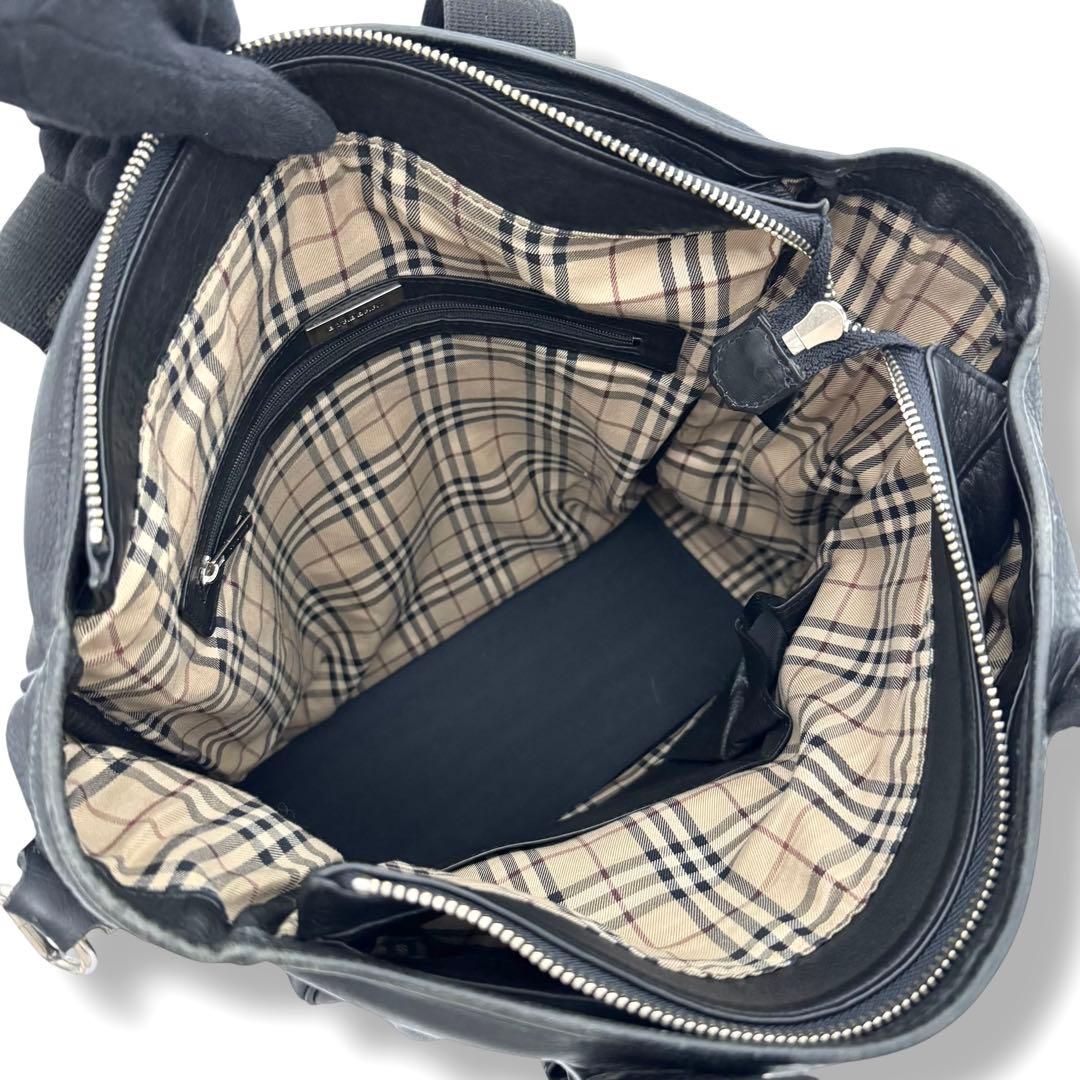 良品 BURBERRY 2wayトートバッグ レザー ノバチェック ブラック