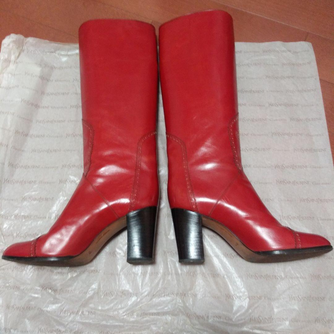 イブ.サンローラン　赤 レザー ロングブーツ 高ヒール