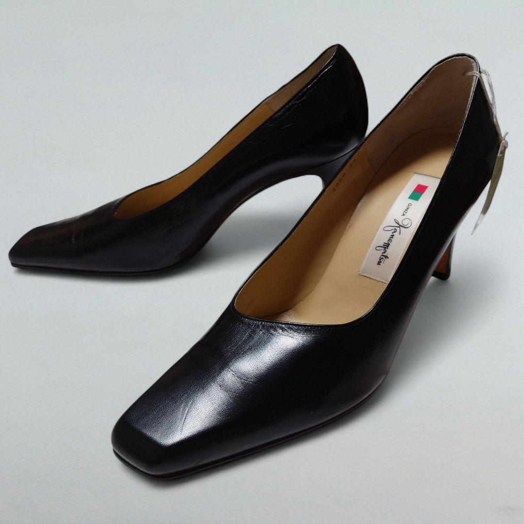 タグ付 銀座かねまつ パンプス スクエアトゥ 24cm 黒靴 本革 ハイヒール