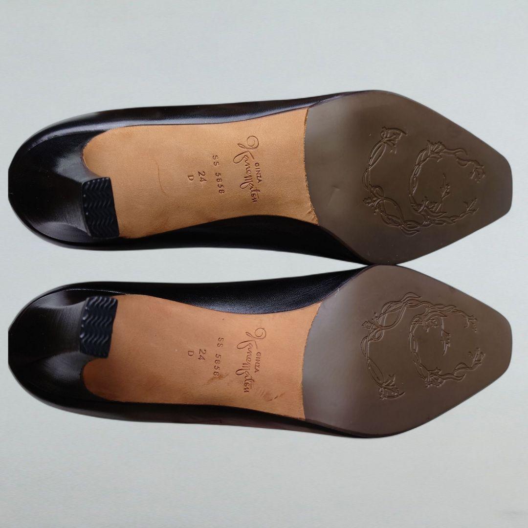 タグ付 銀座かねまつ パンプス スクエアトゥ 24cm 黒靴 本革 ハイヒール