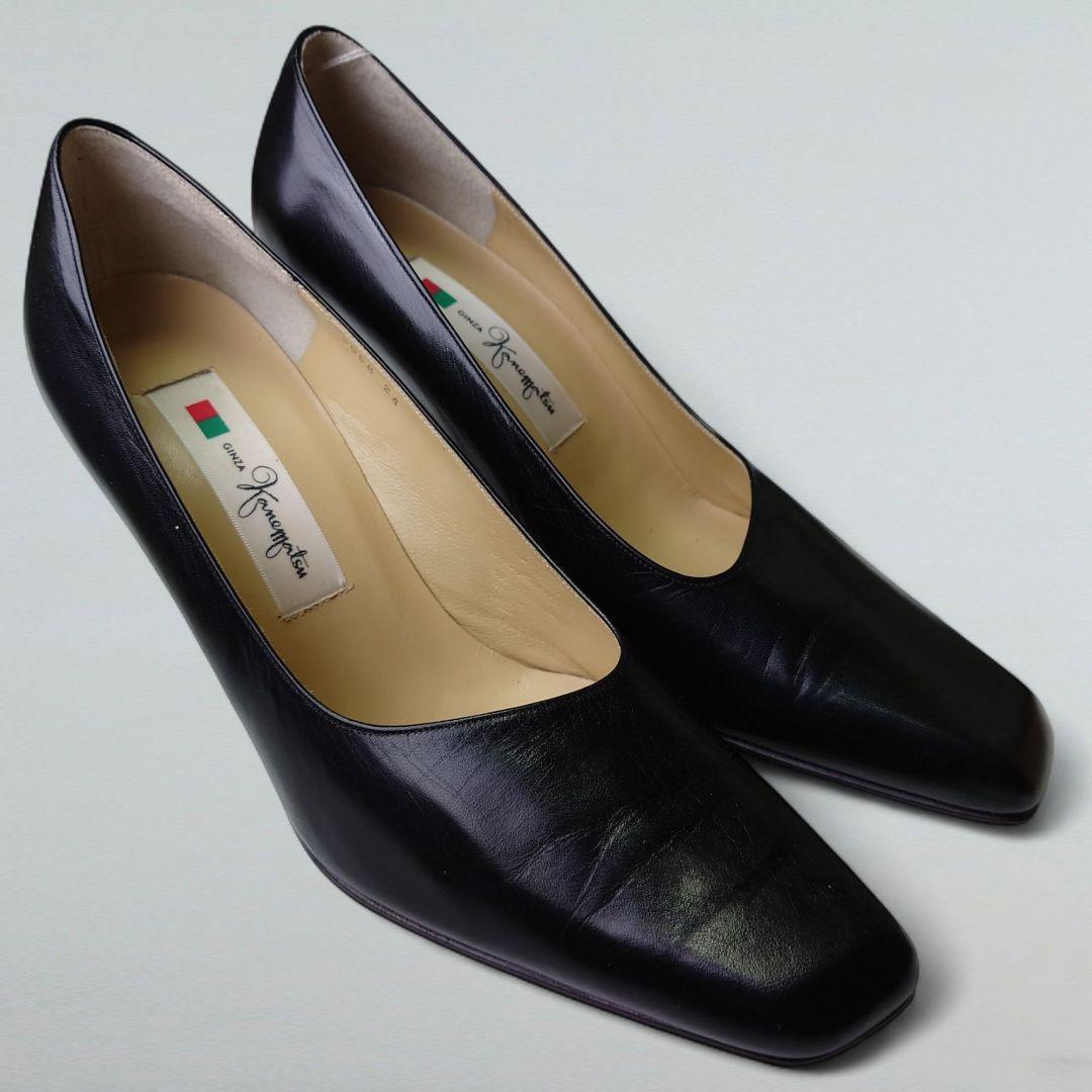 タグ付 銀座かねまつ パンプス スクエアトゥ 24cm 黒靴 本革 ハイヒール