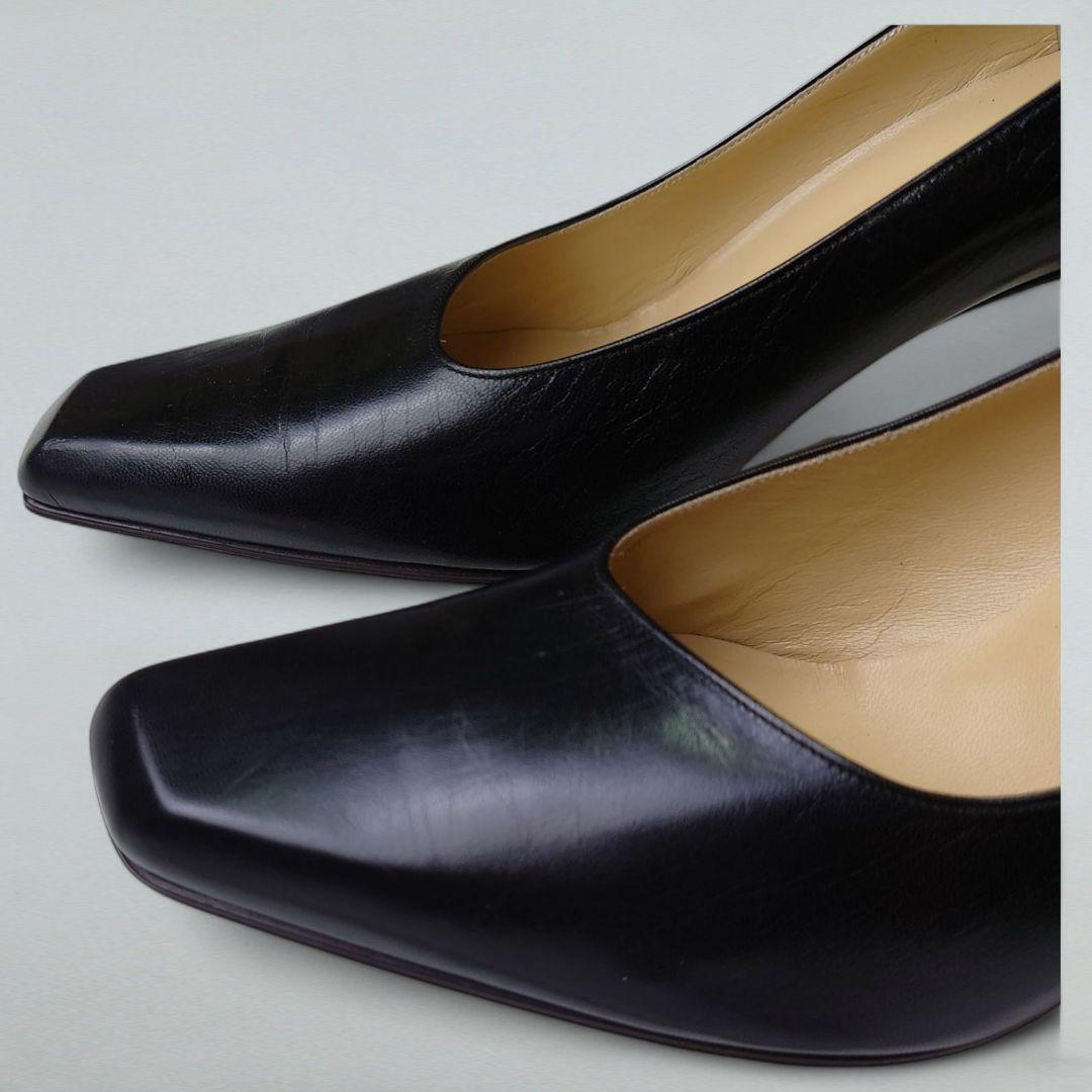 タグ付 銀座かねまつ パンプス スクエアトゥ 24cm 黒靴 本革 ハイヒール