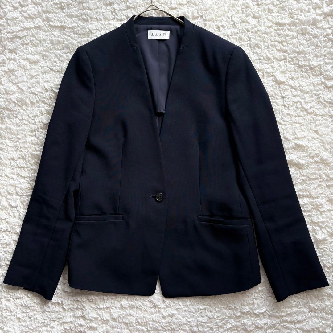 プラステ パンツスーツ セットアップ 2点セット ノーカラー 洗える M／S 紺