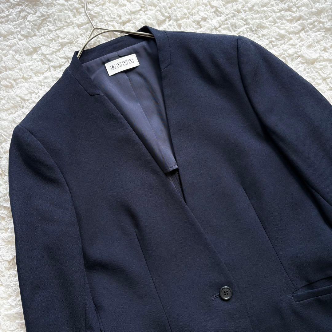 プラステ パンツスーツ セットアップ 2点セット ノーカラー 洗える M／S 紺