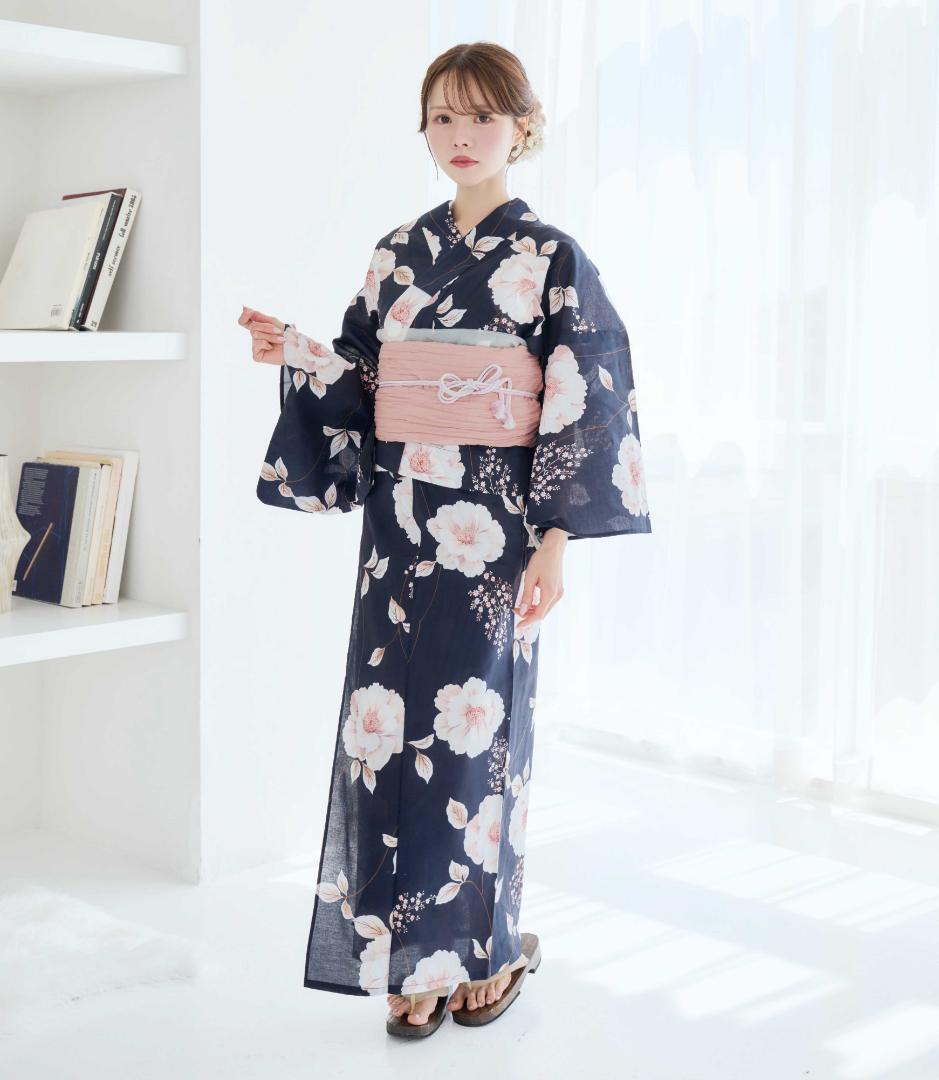 二部式浴衣 セパレート浴衣 3点set 珊瑚色の花あそび 濃紺地 Y5-23-2