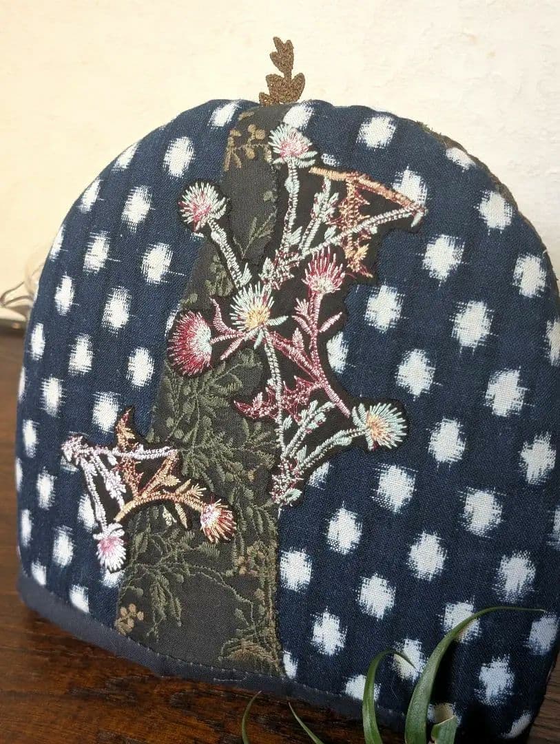 ガレ調・ポットコジー《アザミとWolf＆Flower》古布　藍染　ミナ　PJC