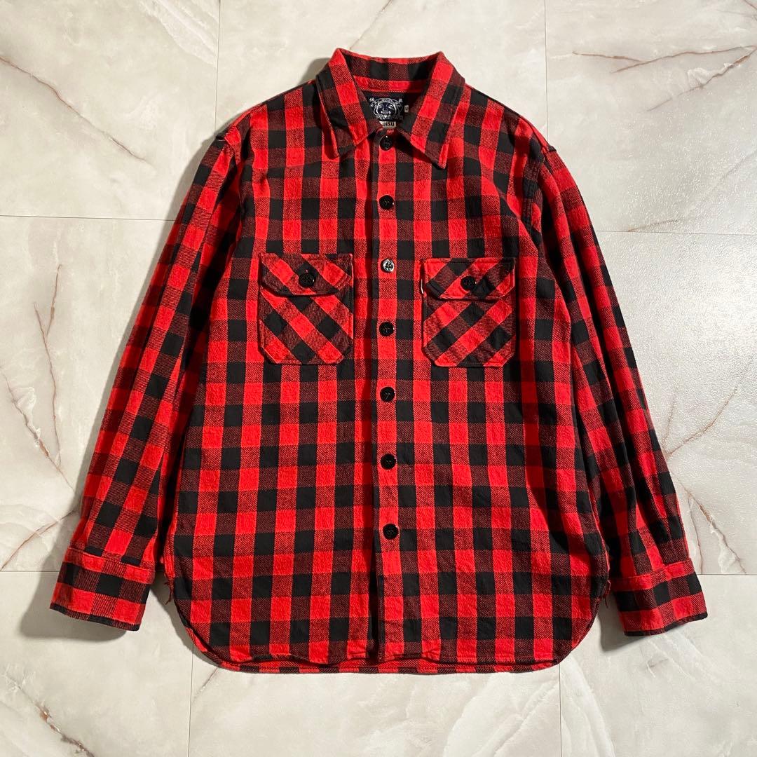 A18553 美品 エヴィス バッファローチェックフランネルシャツ 赤黒 42
