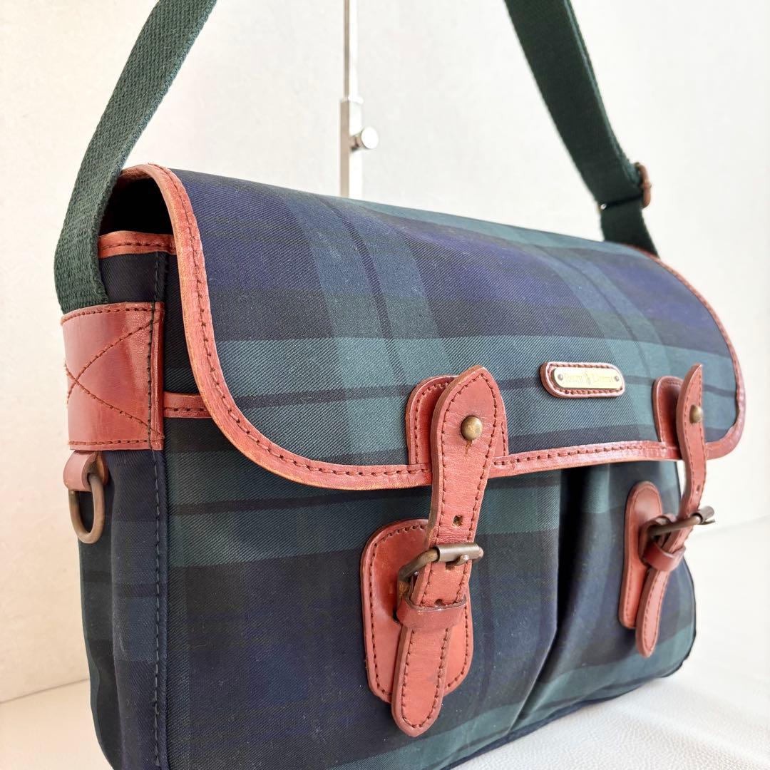 【美品】【ラルフローレン】グリーン チェック ショルダーメッセンジャーバッグ