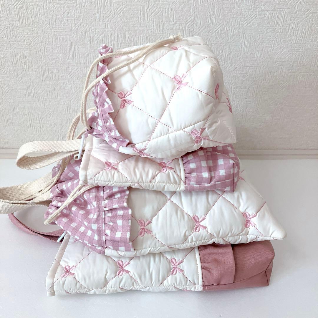 レッスンバッグ 上履き入れ体操服袋　2お弁当袋　リボンキルト