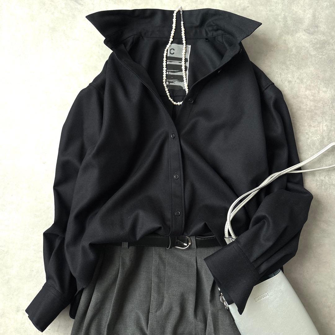 洗える カオス Chaos オーバーサイズ ウール ストレッチウールシャツ 黒