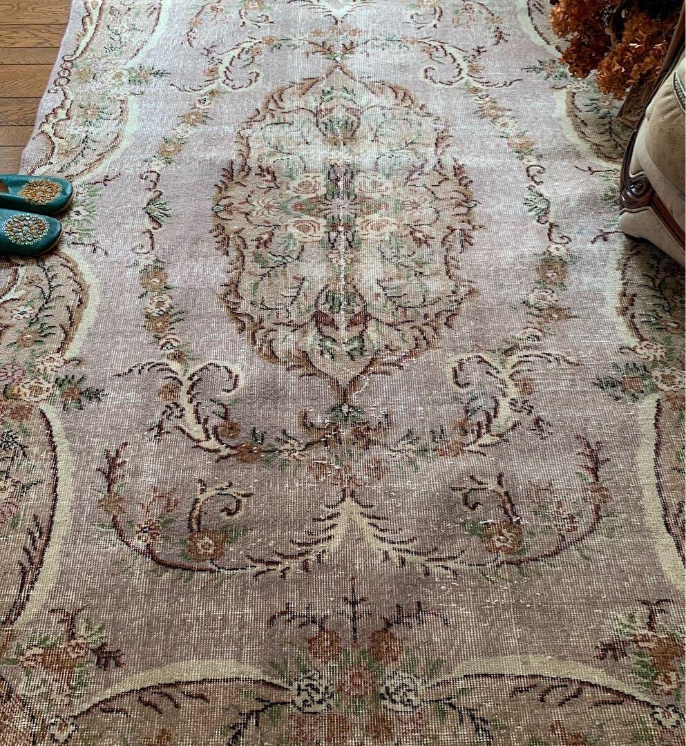 超大判　薔薇　モーヴグレー　241×144 シャビー　トルコ　ヴィンテージラグ