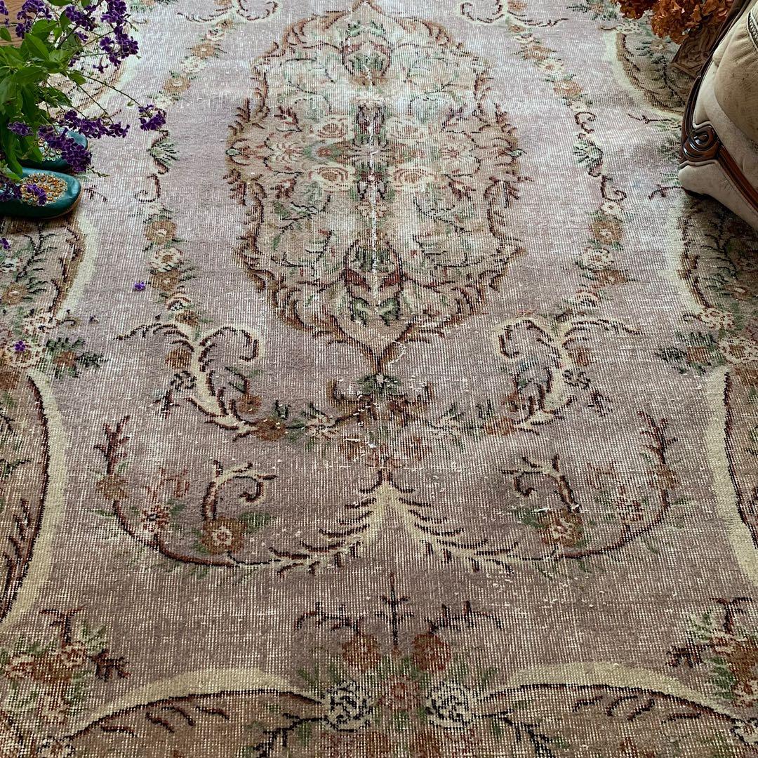 超大判　薔薇　モーヴグレー　241×144 シャビー　トルコ　ヴィンテージラグ