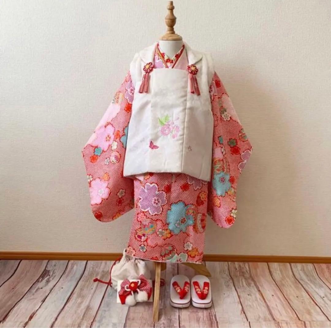 【白×ピンク絞り風】七五三 3歳 着物　被布コート12点セット　女の子　千歳飴