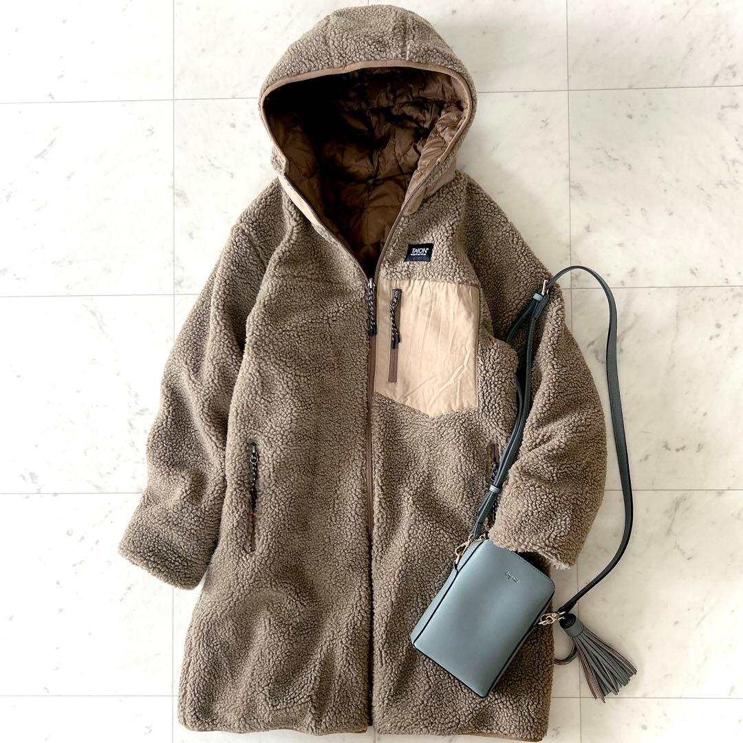 美品 TAION ノーリーズ別注 洗える ボアフードリバーシブルダウン ロング丈