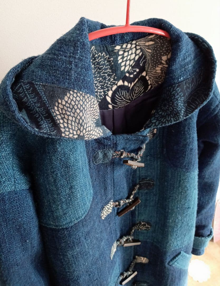 古布 リメイク 藍染 型染 パッチワーク ウール ダッフルコート 大きいサイズ
